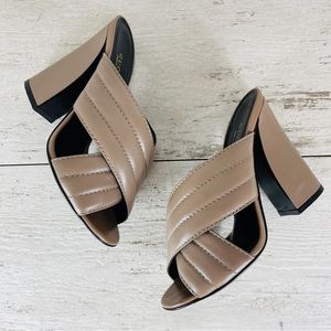 Gucci Kid Malaga Size 37 Webby Crossover High Heel Slide Sandals Porcelain Rose